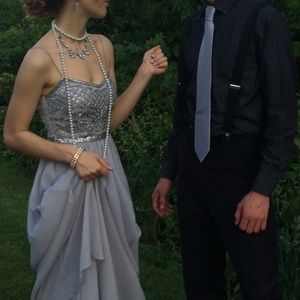 Adrianna Papell Silver Beaded Chiffon Gown